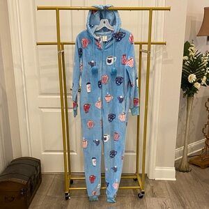 Blue One Piece Pajama with Fun Coffee Motif.